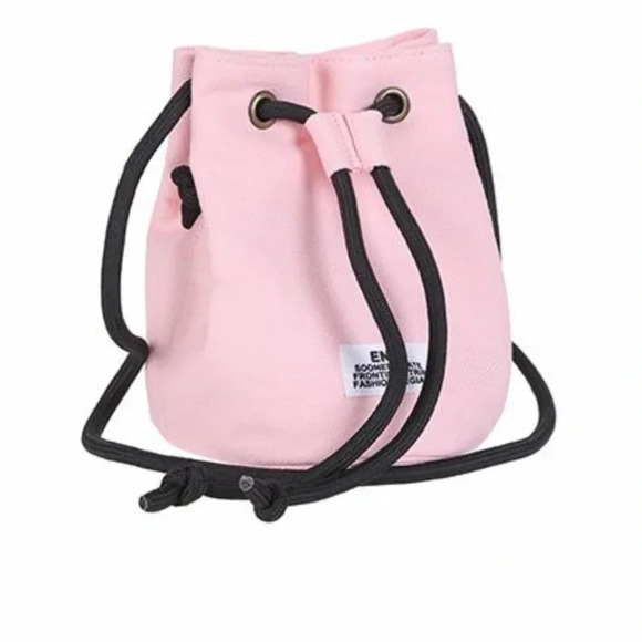 MINISO PINK AND BLACK  CANVAS CROSSBODY DRAWSTRING BUCKET BAG SMALL - Picture 1 of 10